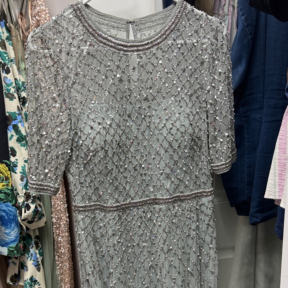 Adrianna Papell Silver Beaded Long Sleeve Dress